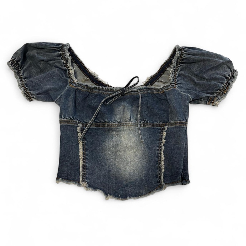 Vintage-Inspired Denim Crop Top with Puff Sleeves